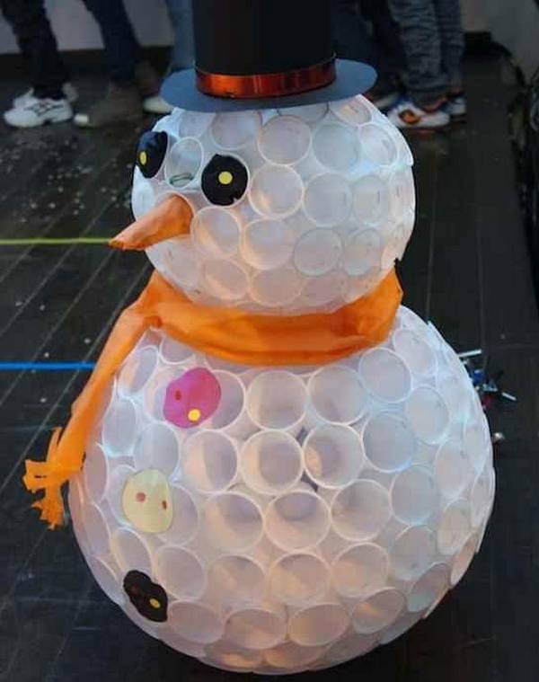 Креативный снеговик из пластиковых стаканчиков своими руками пошагово - фото